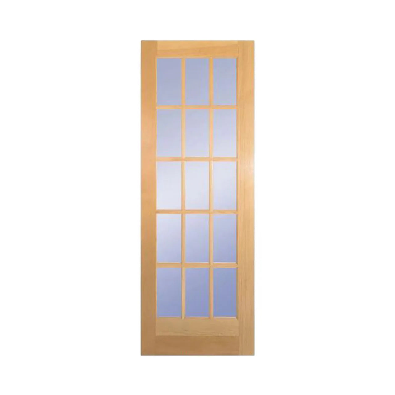The 30 in. x 80 in. Clear Pine Wood 15-Lite French Interior Door Slab from Go Build, The Fastest Way To Build, features a grid of glass panes for an elegant interior look against a white background.
